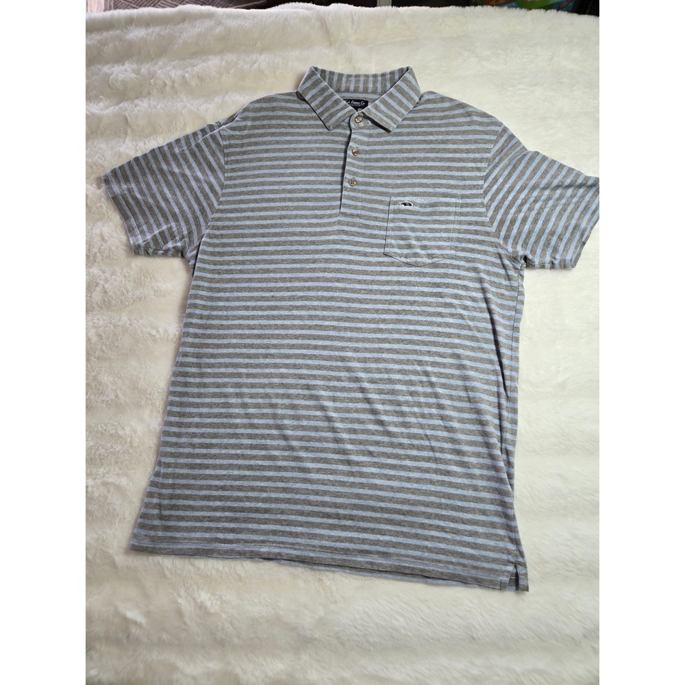 Fish Hippie Co Mens Large Polo Shirt Grey Blue Striped Short Sleeve Pocket Logo